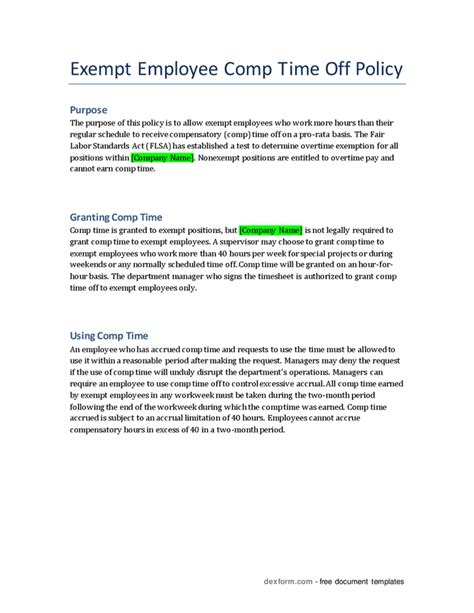 Exempt employee comp time off policy in Word and Pdf formats