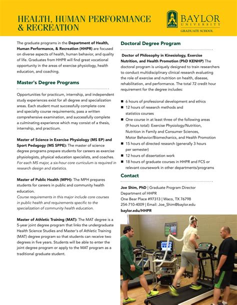Residential Program in Exercise Science & Wellness. ... 33-hour graduate program (15-hour core, 18-hour specialization) No thesis or internship is required for this degree;