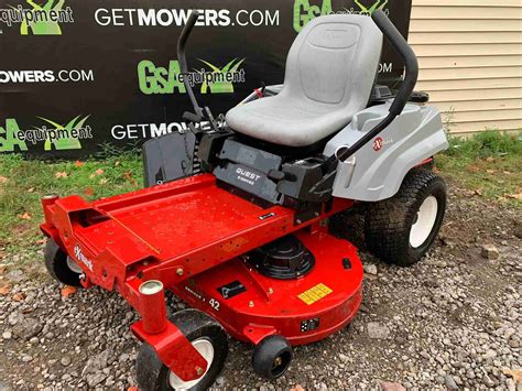 Exmark 42 zero turn mower. Lazer Z S-Series. As low as $15,499 or $457 per month USD. Request an Estimate. With the top-rated Lazer Z S-Series of zero-turn rider mowers, you can choose from Kawasaki and Kohler engines, including an eco-friendly, Electronic Fuel Injection (EFI) option. UltraCut™ Series 4 cutting deck sizes available include 52, 60, or 72 inches. 