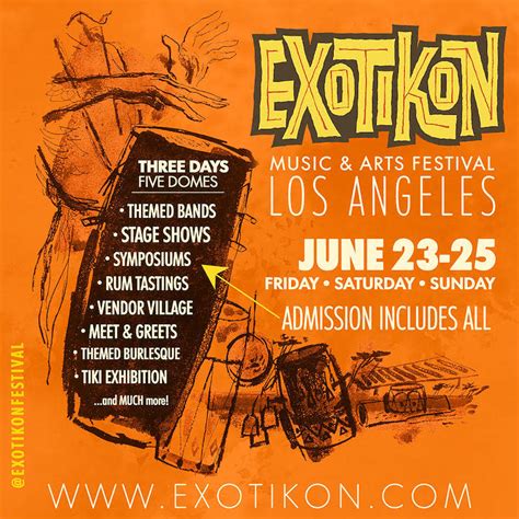  EXOTIKON promises to be the “Disneyland of Exotica” — an inaugural weekend celebration of all things “wild, weird, and wonderful” in the World of Exotica, this weekend, Friday through Sunday, June 23-25, 2023, at the WisdomeLA Art Park in DTLA’s Arts … . 