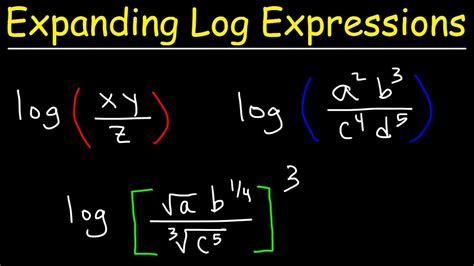 Expand the logarithmic expression. 3. Expand the following expression involving logarithms - that is, use properties of logarithms to rewrite the expression so that the argument of each logarithmic function is as algebraically simple as possible. a. lo g 4 (x 10) b. ln 10 e 5 c. lo g x a 2 b 4 d lo g 2 (x 3 x − 2 ) e. ln (x + 2 x 2 ) 
