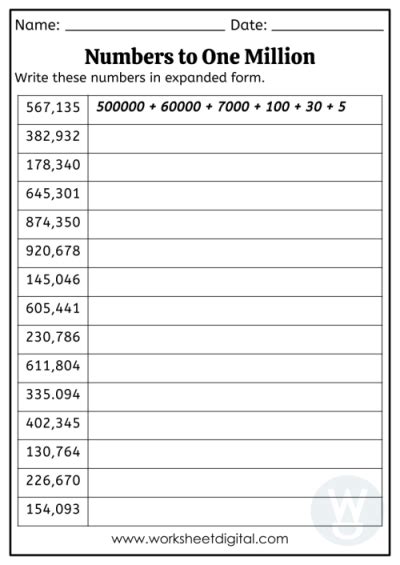 Expanded Form Numbers to 1 Million