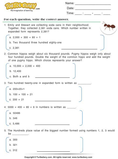 Expanded Form of Numbers Worksheet Turtle Diary