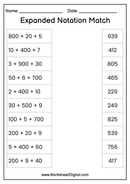 Expanded Notation MAtch worksheet