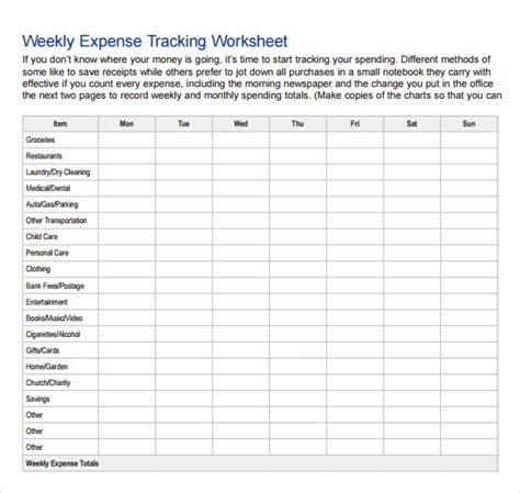 Expense Record Tracking Templates Weekly Monthly Worksheets