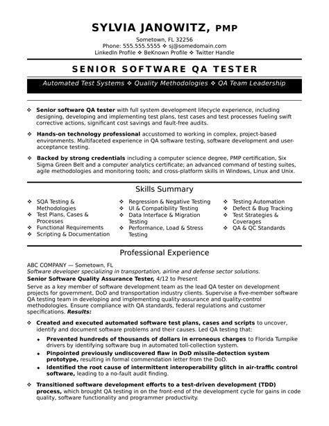 Experienced QA Software Tester Resume Sample