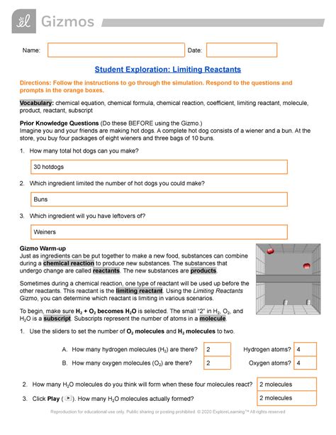 Exploration Reactants Student Answer Limiting Gizmo Key