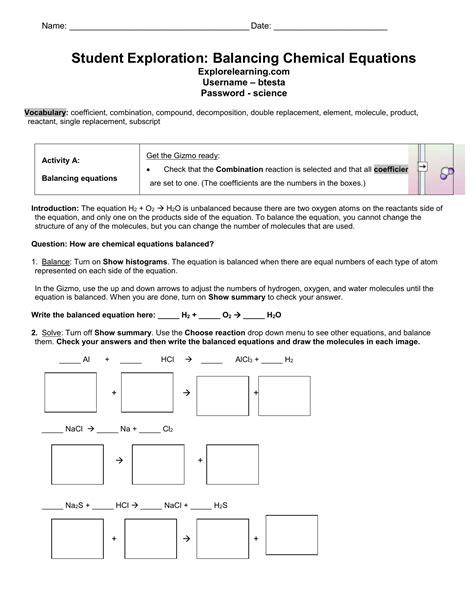 Exploration Sheet Answer Key Chemical Equations