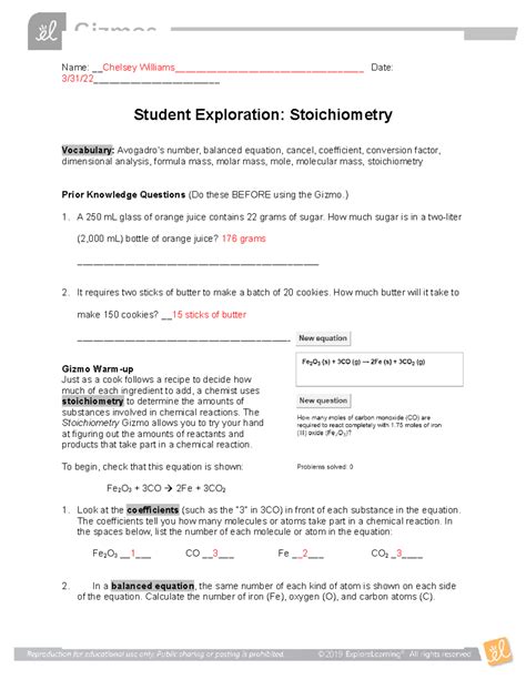Exploration Stoichiometry Student Answer Gizmo Key