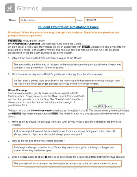 Exploration Student Answer Force Key Gravitational