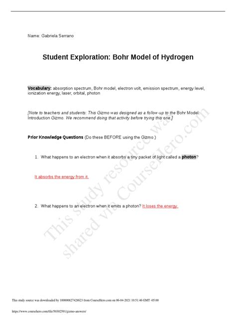 Exploration Student Model Bohr Answers