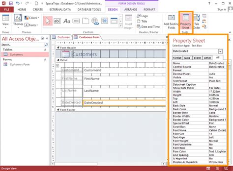 Exploring the form property sheet from the Course Access 2013 Essential