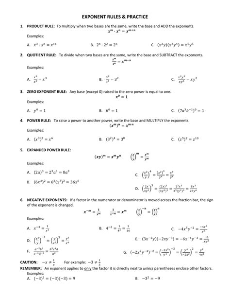 Exponent Rules Practice Worksheet