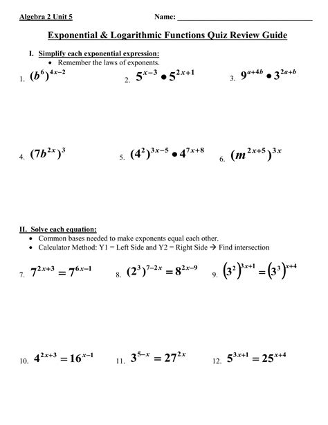 Exponential Functions Algebra 2 Worksheet Function Worksheets