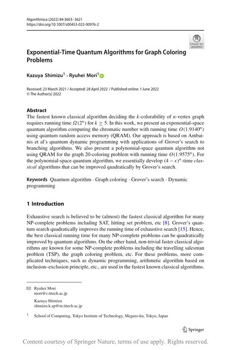 Exponential Time Quantum Algorithms For Graph Coloring Problems Springerlink