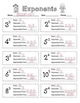 Exponents Worksheet with Answer KEY Expanded Form Exponential
