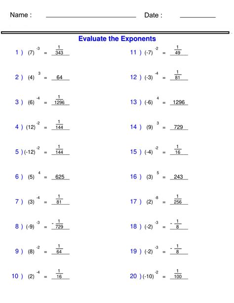 Exponents and Radicals Solving Integers with Exponents Worksheets
