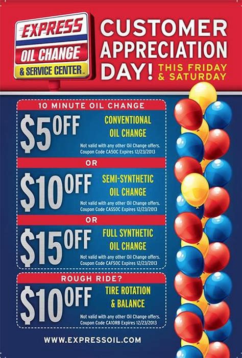 Express oil change 10 off coupon. Latest Oil Change Coupons. Big O Tires – Early Bird Special – $14.95 Oil Change! Express Oil – $7 off Express Full-Service. EZ Lube – $10 off Full-Service Change. Firestone – $19.99 Synthetic Blend Oil Change. Goodyear – Save $5 on any Oil Change. Grease Monkey – Save $5.00 on any Full Service Oil Change. 