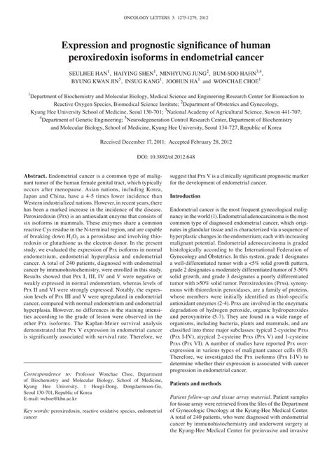 Expression And Prognostic Significance Of Human Peroxiredoxin Isoforms In Endometrial Cancer