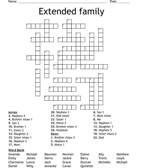 Clue: Extended family member. Extended family member is a crossword puzzle clue that we have spotted over 20 times. There are related clues (shown below).