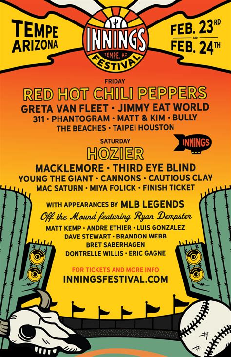 Extra innings festival. A festival for music, baseball and food lovers in Tempe, AZ. Enjoy over 18 rock, pop and indie music artists, Arizona Spring Training and food vendors with the best … 
