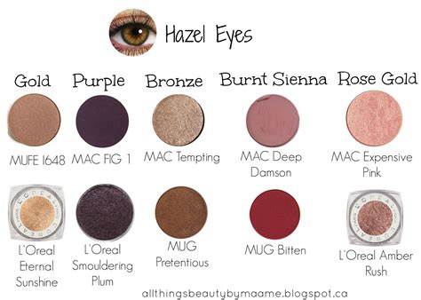 Eyeshadow colors for hazel eyes. As we mentioned, purple tones naturally complement green eyes, so they appear more vibrant. Golden, warm brown, and green hues are also great options. A little shimmer and shine never hurts, so pick up a few metallic eye shadows, such as the L’Oréal Paris Infallible Paints Metallics Eye Shadow in Rose Chrome and Violet Luster. 