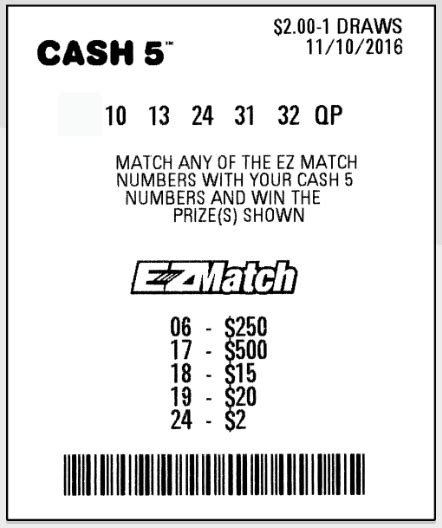 Ez match numbers. Use a Playslip to choose your numbers or check the QP (Quick Pick) box for randomly generated numbers. Or, simply ask your retailer for a Cash 5 Quick Pick! Buy Your Ticket. Ticket buyers must be at least 18. Cash 5 tickets cost $1 and are available at most Colorado retailers. For an extra $1, ask for EZ Match to win instantly at check-out. 