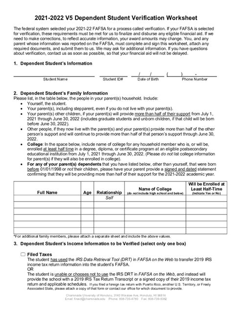 FAFSA Dependent Verification Worksheet 20152022 Fill and Sign
