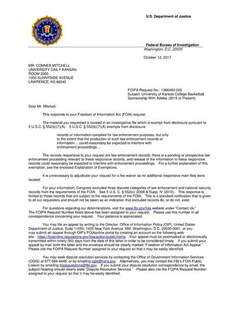 FBI says it cannot release documents regarding KU involvement with