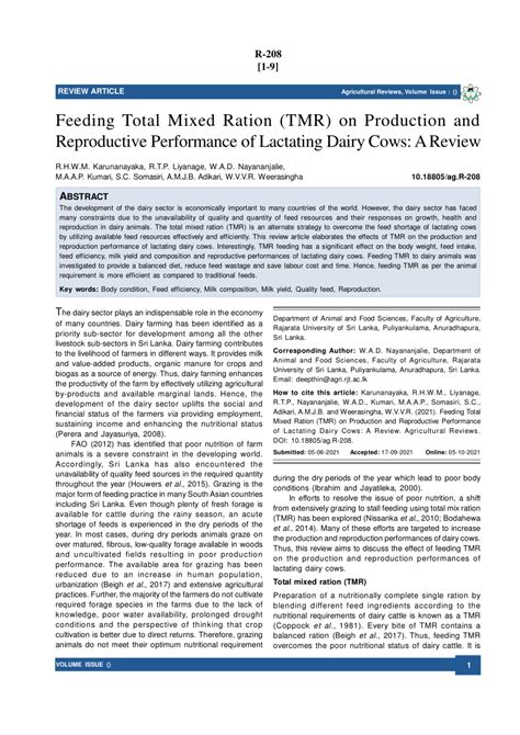 Feeding Total Mixed Ration (TMR) on Production and Reproductive ... - raincitystudios.com