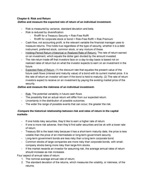 FIN. CH 6 Notes - Chapter 6: Risk and Return -Define and measure …