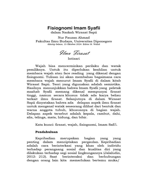 Fisiognomi Imam Syafii dalam Naskah Wirasat Sapii - balustradellc