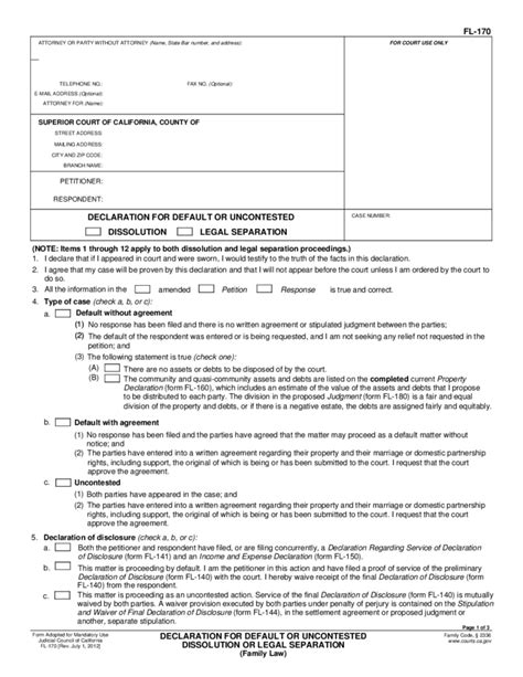 FL170 Declaration for Default or Uncontested Dissolution