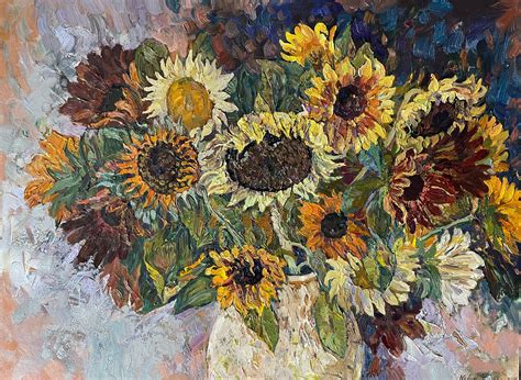 Flower bouquet of wildflowers and sunflowers impasto painting Painting ... - balustradellc