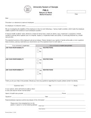FMLA Return to Work Medical Evaluation the University System of