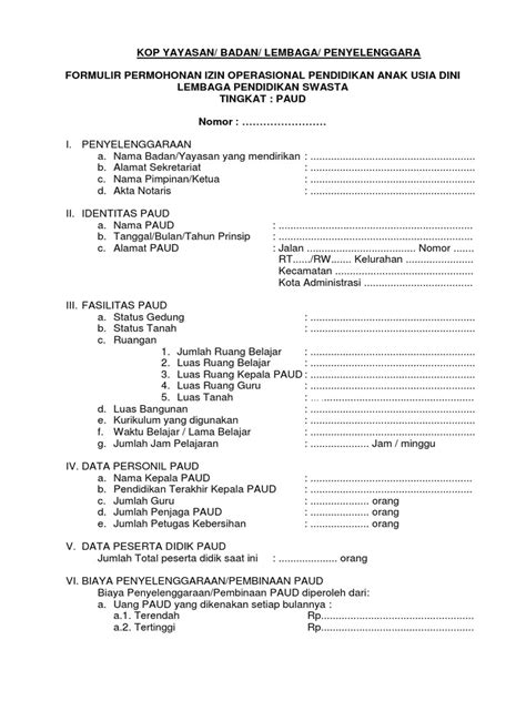 FORMULIR PERMOHONAN IZIN OPERASIONAL PAUD - balustradellc