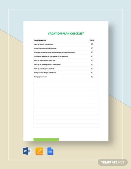 FREE 10+ Vacation Checklist Samples in PDF Google Docs MS Word Pages