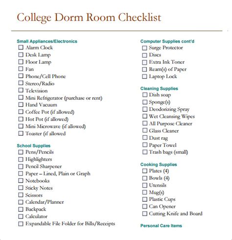FREE 13+ Sample Dorm Room Checklist Templates in Google Docs MS Word