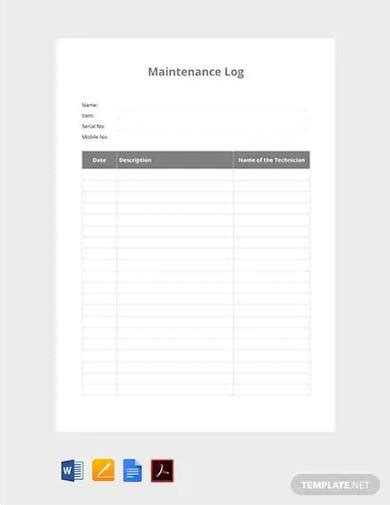 FREE 14+ Sample Maintenance Log Templates in PDF MS Word Pages Google Docs