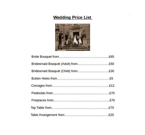 FREE 14+ Sample Wedding Price Lists in PDF MS Word PSD