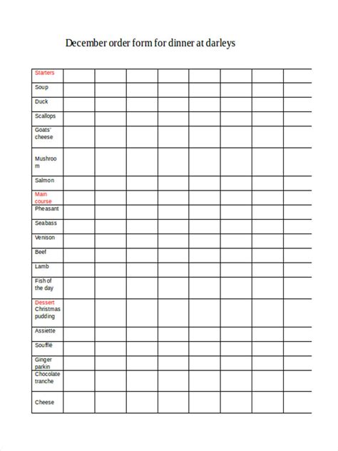 FREE 6+ Sample Dinner Order Forms in MS Word PDF
