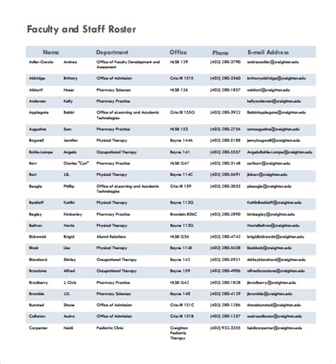 FREE 6+ Sample Staff Roster Templates in PDF MS Word Excel