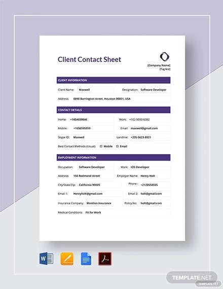 FREE 8+ Sample Contact Sheet Templates in Google Docs Google Sheets