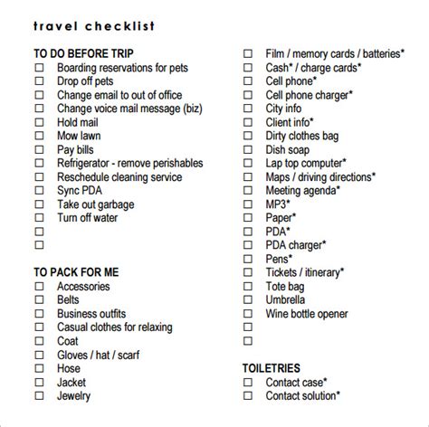 FREE 8+ Travel Checklist Samples in Excel Google Docs MS Word