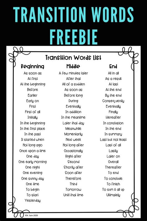FREE Printable PDF List of Transition Words