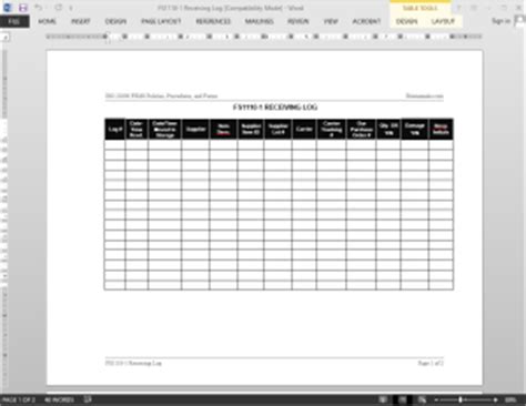 FSMS Receiving Log Template