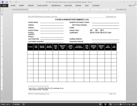 FSMS Vendor Performance Log Template