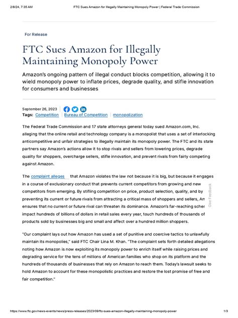 FTC Sues Amazon for Illegally Maintaining Monopoly … - balustradellc