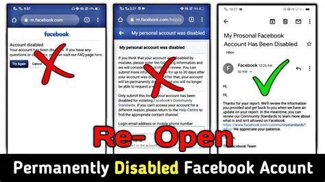 Facebook account permanently disabled.  If you don't see this message ...