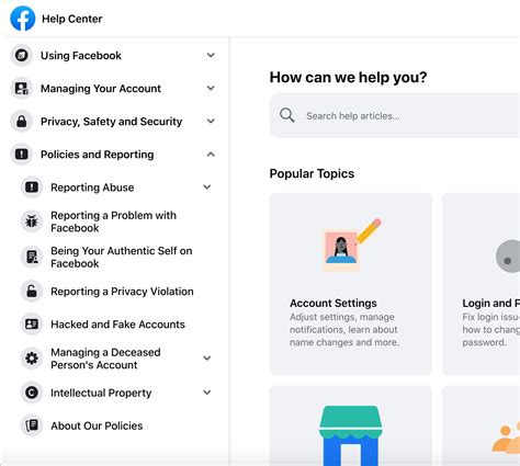 Facebook help center.  For other issues, please visit the relevant section of the Help Center...